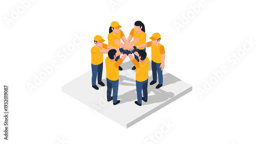 Isometric team meeting with united workers in yellow uniforms