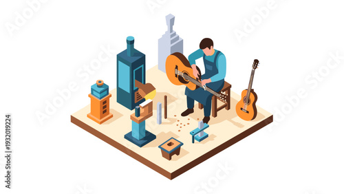 Isometric workshop scene with artisan crafting acoustic guitar surrounded by tools and materials