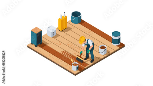 Isometric worker varnishing wooden floor with paint cans and tools