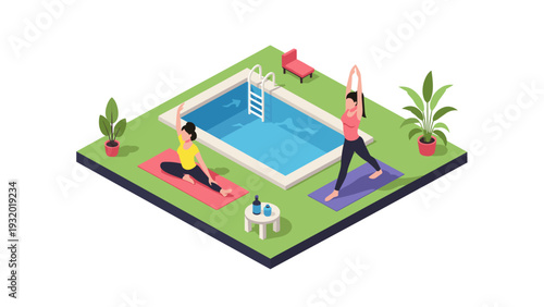 Isometric yoga by the pool with plants and lounge chair in minimalist style