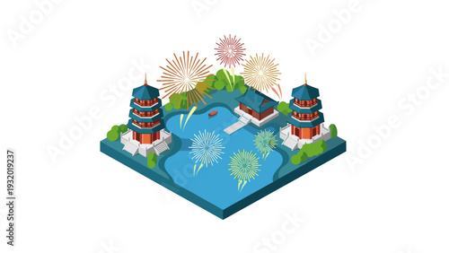 Isometric asian garden with pagodas and vibrant fireworks display