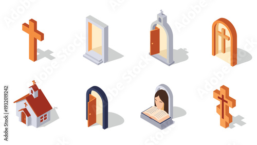Isometric church icons: cross, doorway, and chapel designs