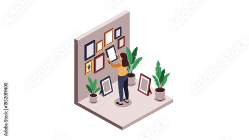 Isometric art gallery with woman admiring framed pictures and indoor plants
