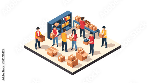 Warehouse team managing inventory in isometric style warehouse setting