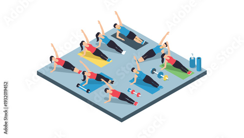 Isometric fitness class with people exercising on mats in modern gym setting