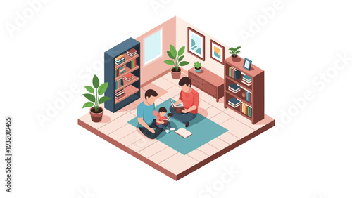 Cozy family reading time in modern isometric living room