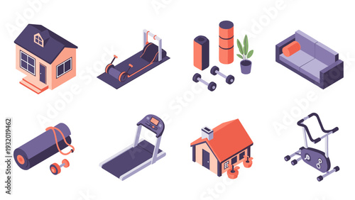 Isometric home gym equipment and furniture set in modern style