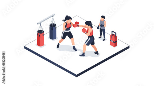 Isometric boxing training scene with female athletes and coach