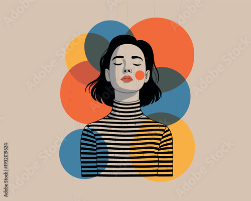 A young woman with short hair closes her eyes in a moment of deep peace. She wears a striped turtleneck shirt against a beige background that highlights her calmness.