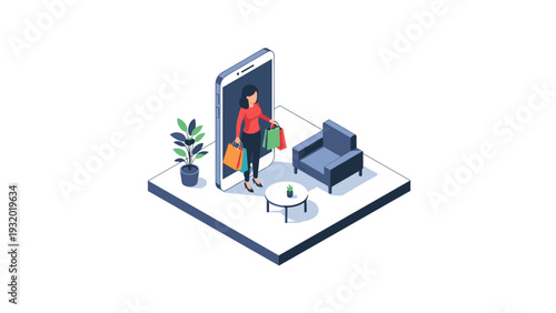 Isometric online shopping concept with woman exiting smartphone surrounded by furniture