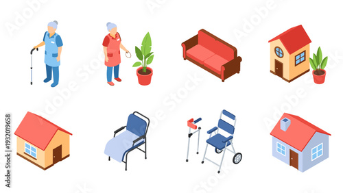 Elderly care isometric icons: seniors, homes, equipment, and interiors for assisted living