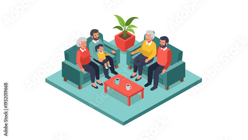 Multigenerational family gathering in cozy living room isometric design