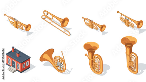 Isometric musical instruments collection featuring brass and wind variations