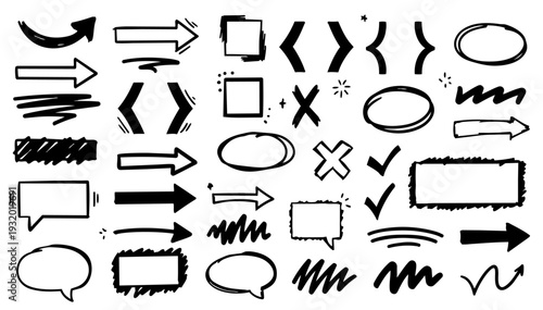 hand-drawn doodle vector set of annotation marks illustrated in a playful sketchy outline style isolated on white background