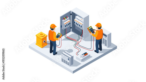 Technicians working on electrical panel in isometric style with modern equipment