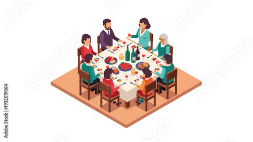 Family gathering around dinner table in isometric style