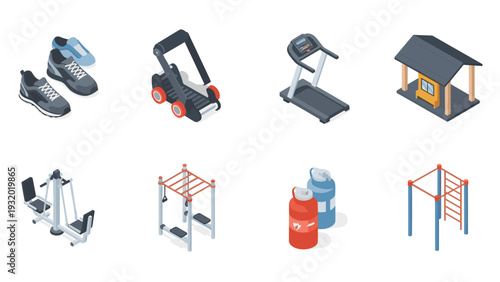 Isometric gym equipment set with treadmill, weights, and sneakers for fitness and exercise