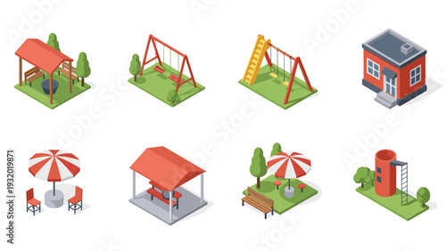 Isometric playground and park elements set with swings and trees