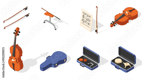 Isometric set of music instruments and accessories featuring violin and bow