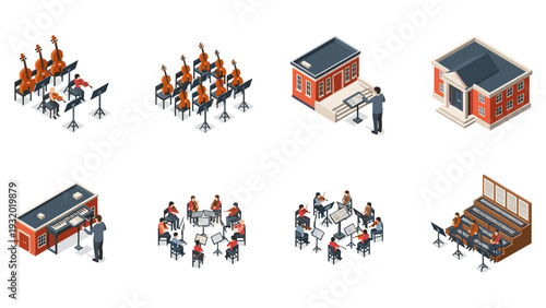 Isometric music school set with students and instruments