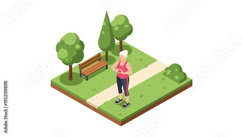 Isometric elderly woman exercising in park with trees and bench