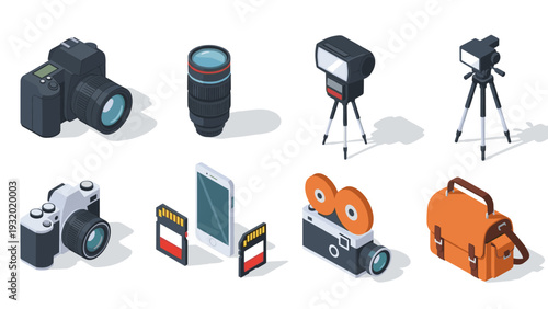 Isometric photography equipment: cameras, lens, tripod, flash, phone, memory cards, bag