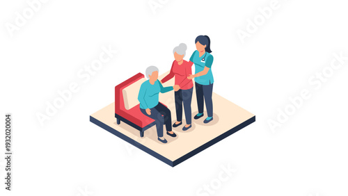 Isometric healthcare: nurse assisting seniors with care and support in modern facility