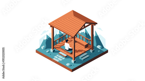 Isometric meditation gazebo in mountain setting with minimalist design