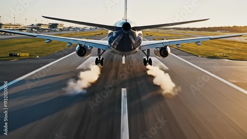 Airplane Landing Approach '96 Runway touchdown perspective from above, high-altitude drone view aligned precisely with runway centerline as a commercial jet descends toward the tarmac, heat haze