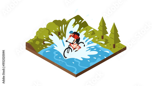 Isometric biking adventure through forest streams
