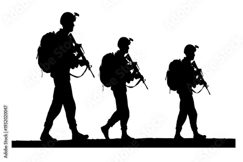 Infantry Squad Patrol Silhouette Vector for Modern Combat Mission and Military Tactical Maneuver Illustration