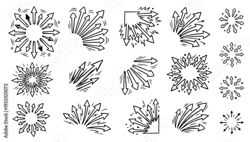 hand drawn doodle vector set of arrow burst accents in sketchy ink pen outline style isolated on white background