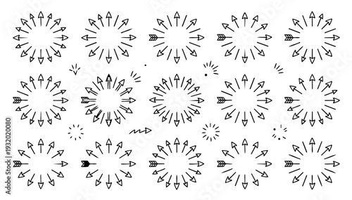 hand-drawn doodle vector set of arrow burst accents illustrated in a playful sketchy outline style isolated on white background