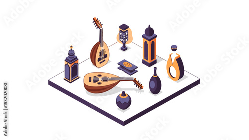 Isometric middle eastern artifacts and musical instruments display