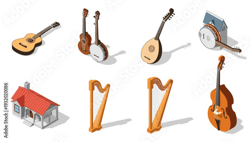 Isometric musical instruments and tiny house set: guitar, banjo, mandolin, harp, double bass