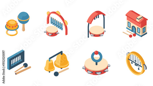 Isometric musical instruments for kids: tambourine, maracas, xylophone, drum house