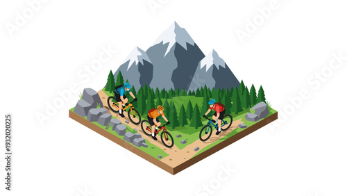 Mountain bikers riding on trail in isometric landscape with mountains, forest, and rocks
