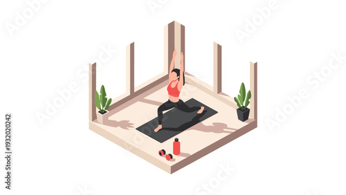Isometric yoga practice with woman in home gym setting, plants, and sports equipment