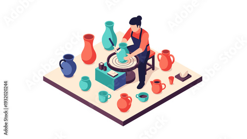 Colorful isometric pottery workshop with potter and ceramics