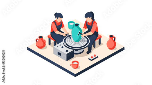 Creative pottery making in isometric style with artists crafting on ceramic wheels