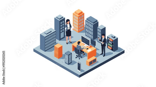 Isometric office scene with professionals in modern corporate environment