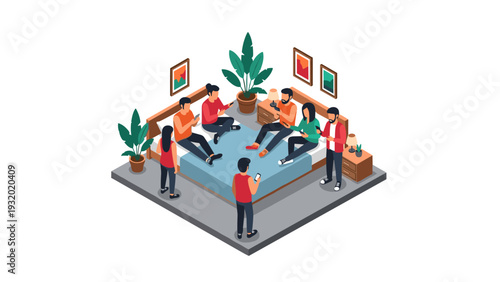 Isometric room gathering with people using devices in casual setting
