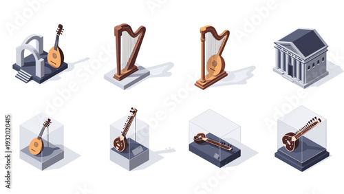 Isometric musical heritage collection: lute, harp, sitar, and historical architecture