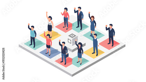 Diverse team collaboration in isometric office space with business professionals