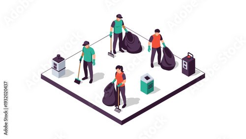 Isometric team cleaning park area with brooms and trash bags