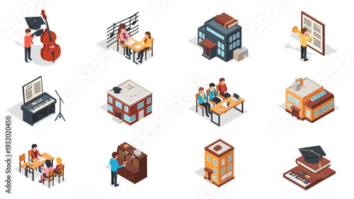 Isometric education and music concepts with buildings and characters