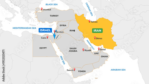 Map of the Middle East. Iran and Israel on the world map. Middle Eastern countries with capital cities and borders. Vector illustration.