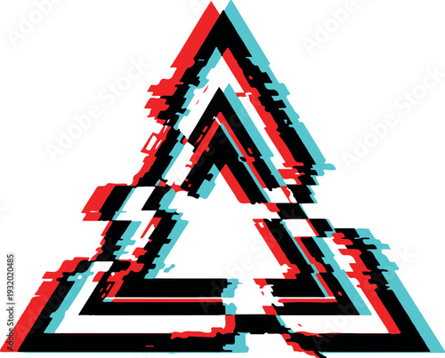 Glitch art triangle with 3D anaglyph effect, abstract geometric shape with red, blue and black colors on white background, futuristic technology symbol.