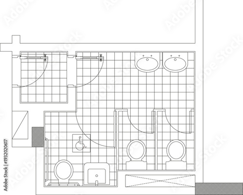 Technical architectural floor plan of a commercial bathroom featuring toilet stalls, double sinks, shower stalls with grid-tiled surfaces and grey structural elements.