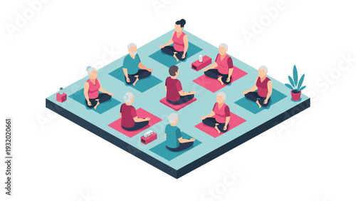 Isometric elderly yoga class on mats in modern indoor setting